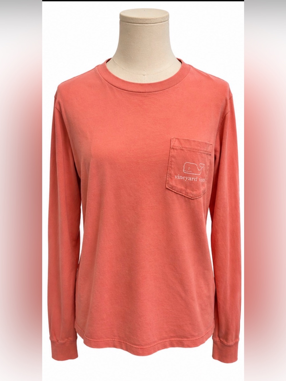 Vineyard Vines Long Sleeve Whale Pocket Tee Medium Coral 100% Cotton